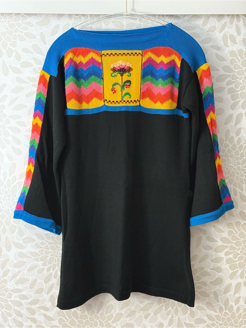 Vintage 70s 90s Retro Women’s M Folk Art Flower Striped Sweater Tunic Dress